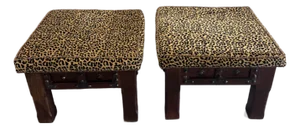 Mid 20th Century Pair of Vintage Carved Wood Stools Ottomans With Leopard Print Upholstery Mid Century