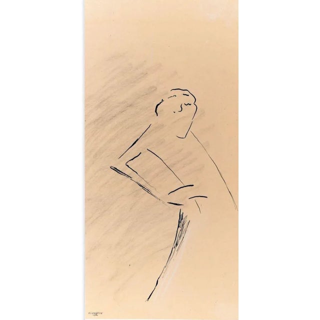 Le manteau is an original black China ink and pencil drawing on paper glued on ivory-colored cardboard, signed and dated...