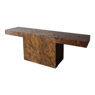 Vintage 1970's Burl Laminate Console Table For Sale