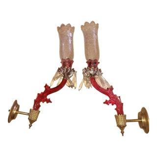 19th Century French Art Nouveau Red Art Glass/ Crystal Gilt Bronze Candle Wall Sconces Attrib. Baccarat True Left and Right Form For Sale