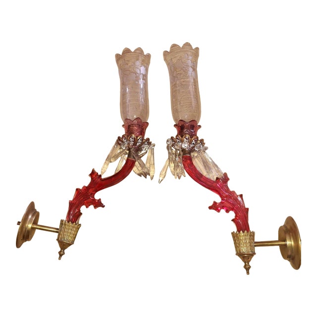 19th Century French Art Nouveau Red Art Glass/ Crystal Gilt Bronze Candle Wall Sconces Attrib. Baccarat True Left and Right Form For Sale
