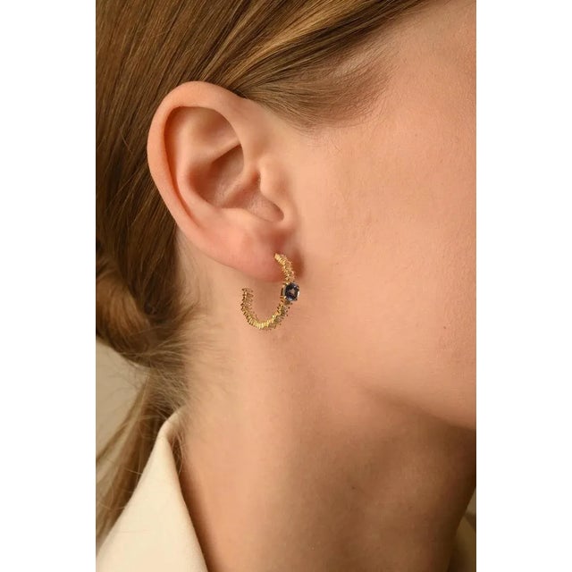Metal 1.35ct Sapphire 14k Gold Inside-Out Hoop Earrings With 66pcs Baguette Diamonds- A Pair For Sale - Image 7 of 12