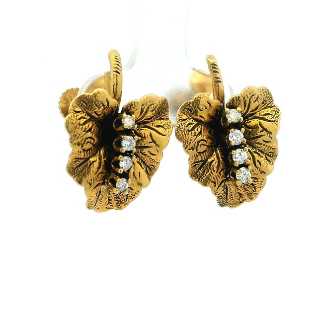 Vintage 14k Gold Diamond Leaf Earrings, American Mid-Century Screw Back Clips, A Pair For Sale - Image 4 of 12