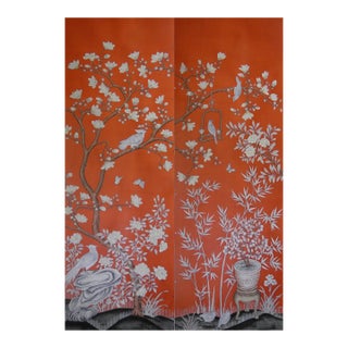36"x108" Hand-Painted Silk Chinoiserie Wallpaper Panel in Orange Red on Sale For Sale