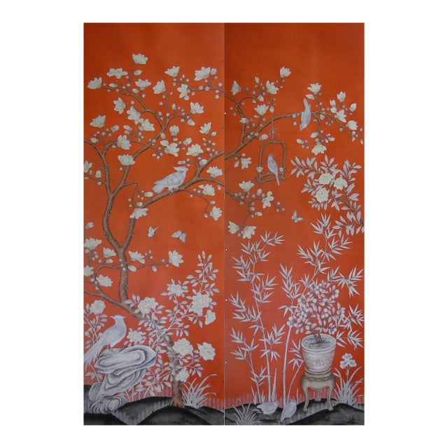 36"x108" Hand-Painted Silk Chinoiserie Wallpaper Panel in Orange Red on Sale For Sale