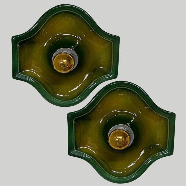 1970s Bell-Shaped Green Ceramic Wall Lights attributed to Hustadt Keramik, Germany, 1970s For Sale - Image 5 of 12