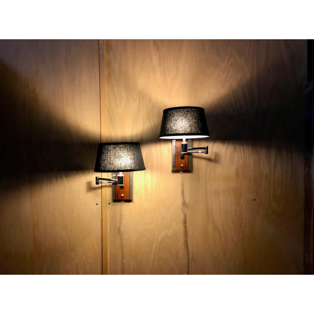 Mid-Century Modern Walnut and Chrome Articulated Sconces - a Pair For Sale - Image 4 of 13