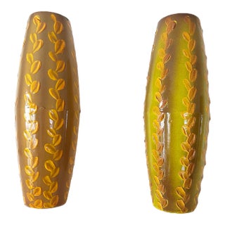 Pair of 1970s Glazed Leaf Vases by Zamoar Metalworks For Sale