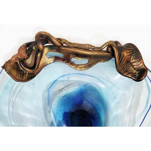 Glass 20th Century Modern Filip Ravert Blue Hand-Blown Art Glass and Bronze Overlay Centerpiece Bowl For Sale - Image 7 of 8