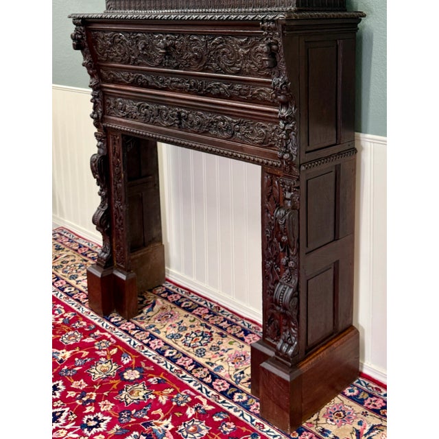 Antique French Fireplace Mantel Surround Renaissance Revival Carved Oak 19thC For Sale - Image 14 of 17