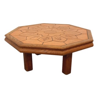 Octagonal Oak Coffee Table from Barrois with Vallauris Ceramic Herbarium Top, 1960s For Sale