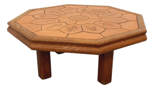 Octagonal Oak Coffee Table from Barrois with Vallauris Ceramic Herbarium Top, 1960s