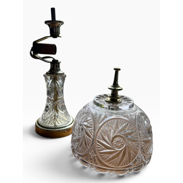 1950s Vintage Cut Glass Boudoir Table Lamp With Domed Scalloped Shade & Gold-Tone Base For Sale - Image 5 of 5
