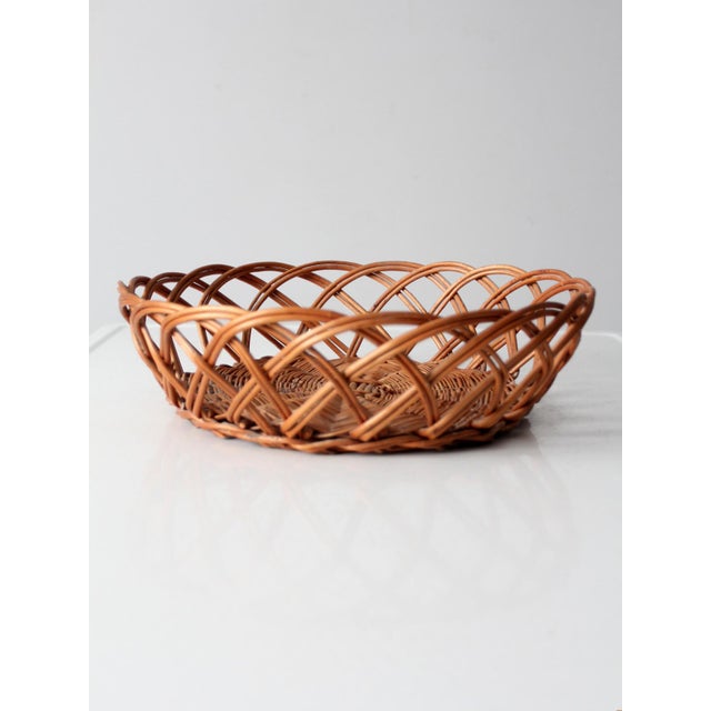 Wood Vintage Open Weave Wicker Basket Bowl For Sale - Image 7 of 8