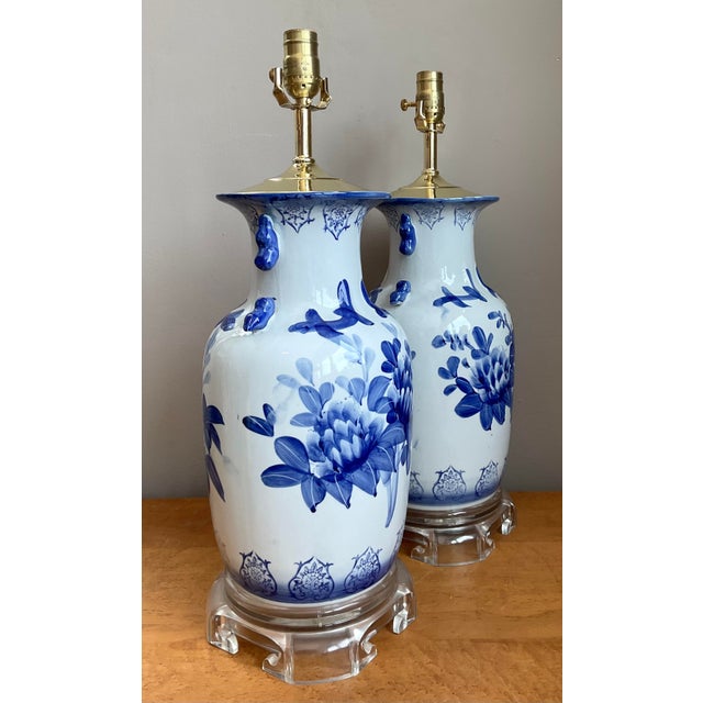 Vintage Glazed Ceramic Blue and White Lamps - A Pair For Sale - Image 4 of 12