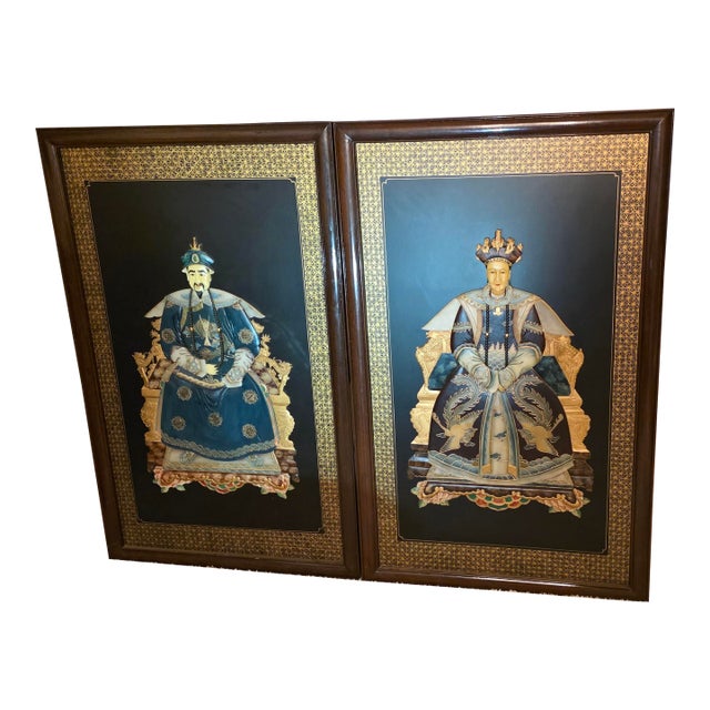 20th C. Emperor and Empress Plaque Large - Mid-Century Chinoiserie Black Lacquer & High-Relief Soapstone Wall Panels. For Sale