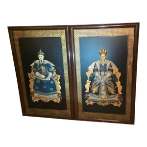 20th C. Emperor and Empress Plaque Large - Mid-Century Chinoiserie Black Lacquer & High-Relief Soapstone Wall Panels.