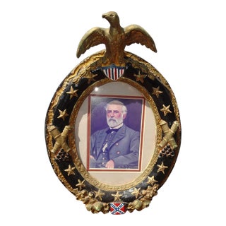 Vintage Picture W British Gentleman W Ceramic Frame & Eagle Motif & Stars For Sale