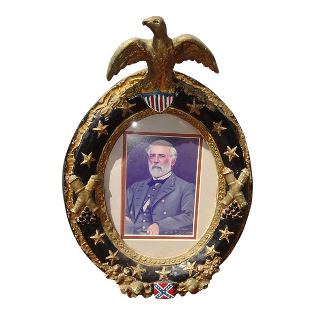 Vintage Picture W British Gentleman W Ceramic Frame & Eagle Motif & Stars For Sale