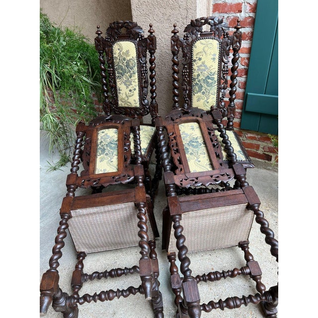 Set 4 Antique French Dining Chairs Barley Twist Renaissance Carved Oak Green 1900 For Sale - Image 12 of 18