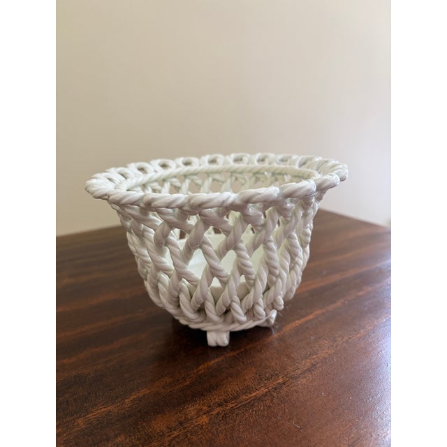 French Country French Country White Ceramic Woven Rope Cachepot Basket For Sale - Image 3 of 7