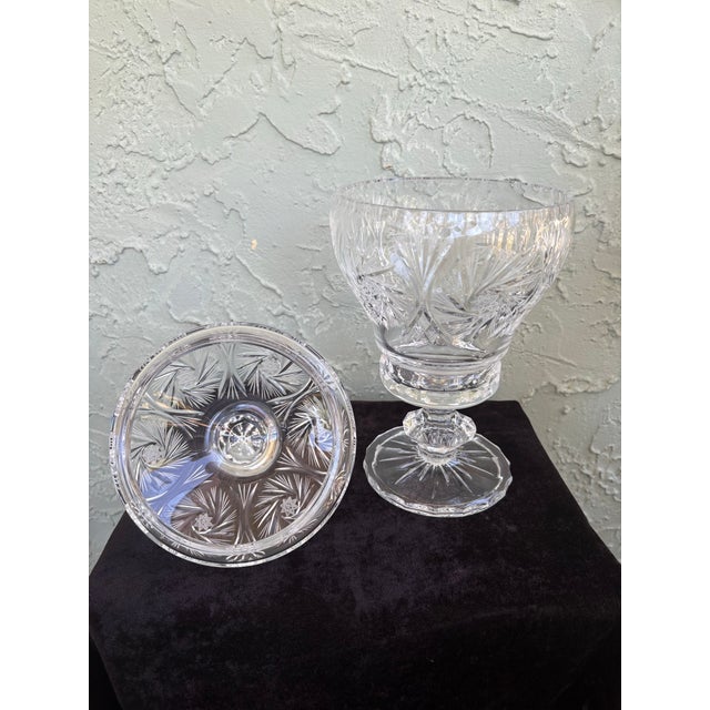 Vintage Cut Crystal Pedestal Lidded Apothecary Jar With Finial Top For Sale - Image 9 of 10