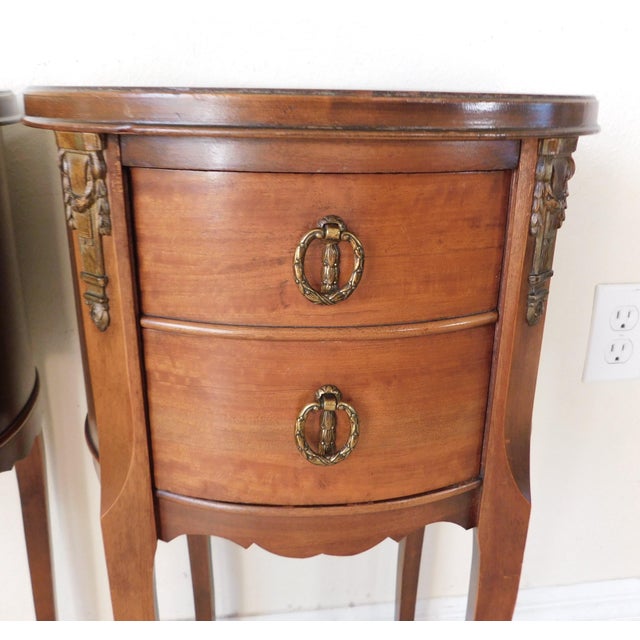 Pair Vintage C1940s French Oval Brass & Wood Side/End Bedside Tables For Sale - Image 9 of 16