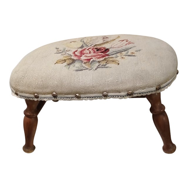 1950s Mid Century Victorian Style Needlepoint Foot Stool For Sale