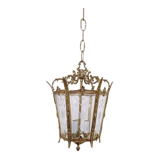 Vintage Early 20th Century Bronze Lantern With Etched Glass Panels For Sale