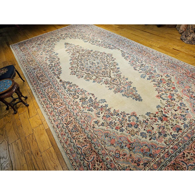 Tan Vintage Oversized Persian Qazvin Area Rug, Hand-Knotted Wool, Floral Medallion, 10x20, Ivory & Blue For Sale - Image 8 of 18