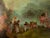 A very large antiqued reproduction oil painting after Jean Antoine Watteau. Apty titled "Pilgrimage" features an antiqued...