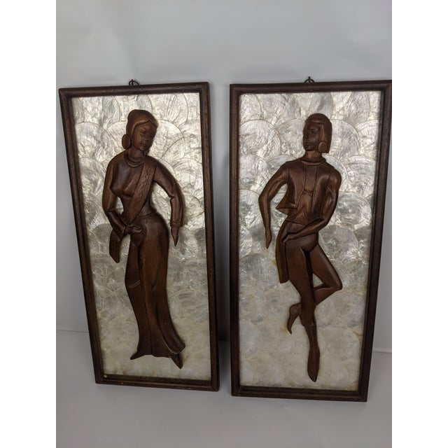 Pair Mid-Century Modern Hand-Carved Wood Figural Relief Wall Panels on Shimmering Capiz Shell Grounds For Sale - Image 12 of 18