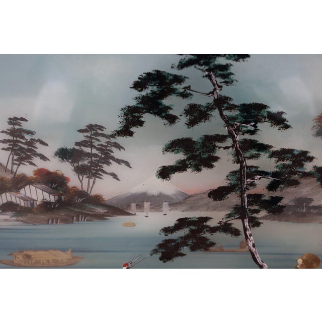 Antique Japanese Reverse Glass & Mother-of-Pearl Painting – "Cranes at Mt. Fuji" Infuse your collection with the luminous...