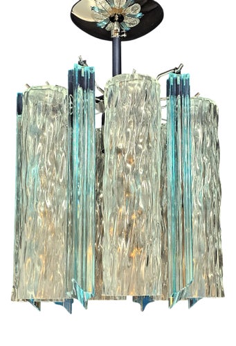 Vintage Murano Ceiling Lamp with Murano Glass Prisms and Crystal Cylinderm Italy, 1982