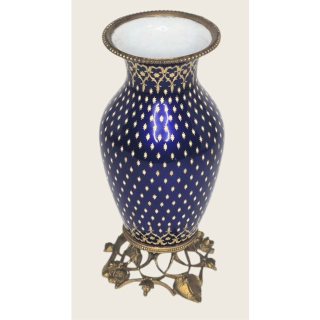 French 19th C French (Sevres) Cobalt Blue Napoleon III Decorated Bronze MTD Tahan Vase For Sale - Image 3 of 10