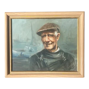 Vintage Oil on Canvas Portrait Painting of a Fisherman, Circa 1980 Artist Signed Charles R. Selmi