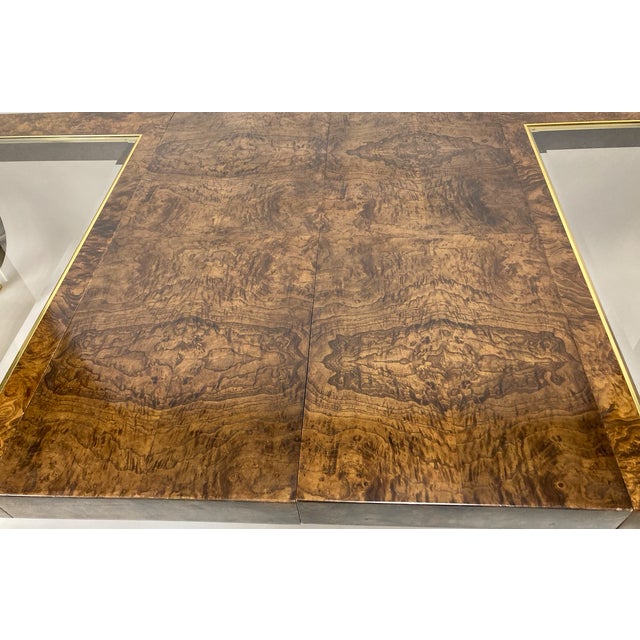 Mid-Century Modern Vintage Burled Walnut & Glass Dining Table With Brass Legs and 2 Leaves For Sale - Image 3 of 6