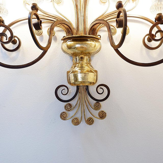 Metal Wrought Iron and Glass Wall Lamp in the style of Maison Baguès For Sale - Image 7 of 16