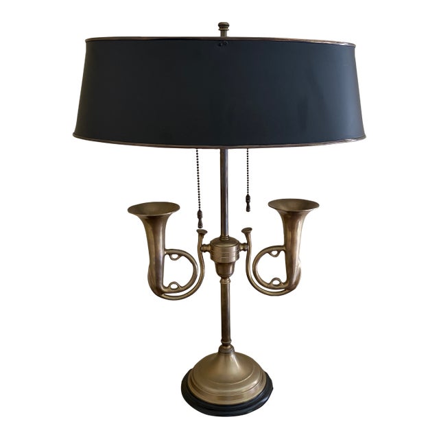 Mid 20th Century English Country Brass Horn Bouillotte Lamp With Black Tole Shade For Sale