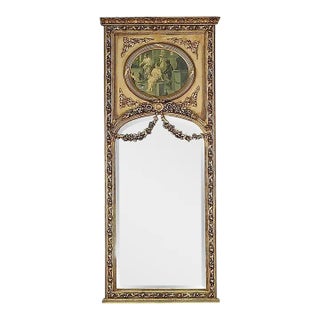 Tall Gilded French Louis XV Style Trumeau Mirror With Neoclassical Print For Sale