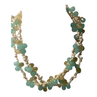 Triple Strand Pale Aqua/Pearl Beaded Necklace For Sale