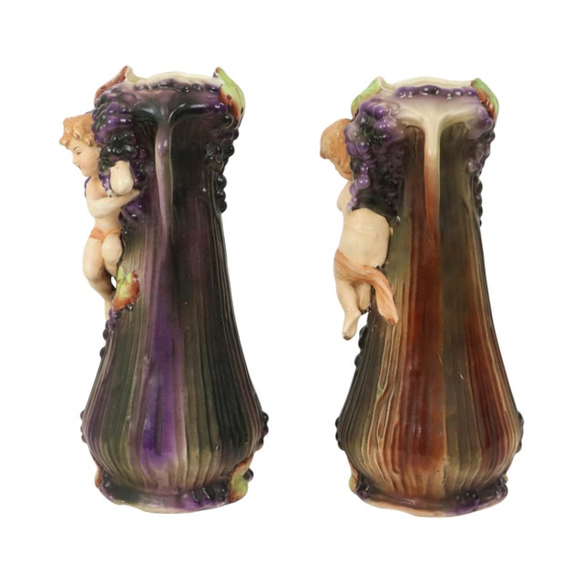 Art Nouveau Amphora Style Pottery Vases with Putti, 1890s, Set of 2 For Sale - Image 4 of 17