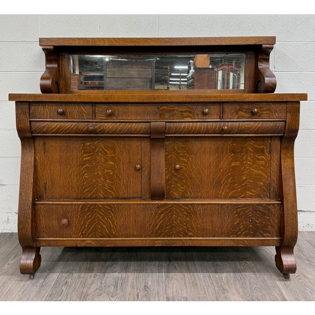 Early 20th Century Antique Empire Quarter Sawn White Tiger Oak Sideboard Server Buffet For Sale - Image 5 of 13