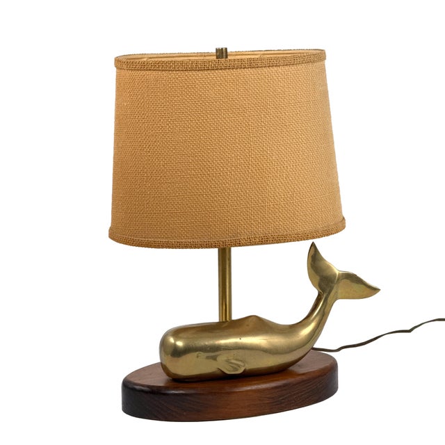 Vintage 1970s Brass Whale Table Lamp W/ Walnut Wood Base & Grasscloth Shade For Sale In Philadelphia - Image 6 of 18