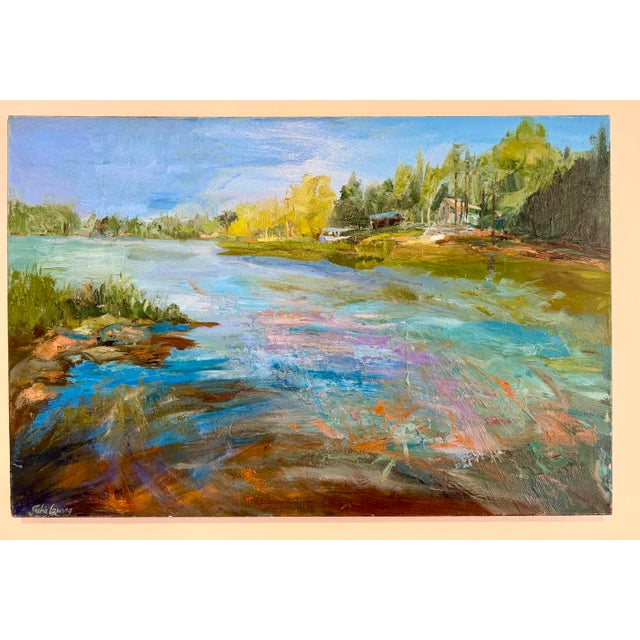 Lake house scene. One-of-a-kind original oil painting on a 24 x 48-inch gallery-wrapped professional canvas. Sides are...
