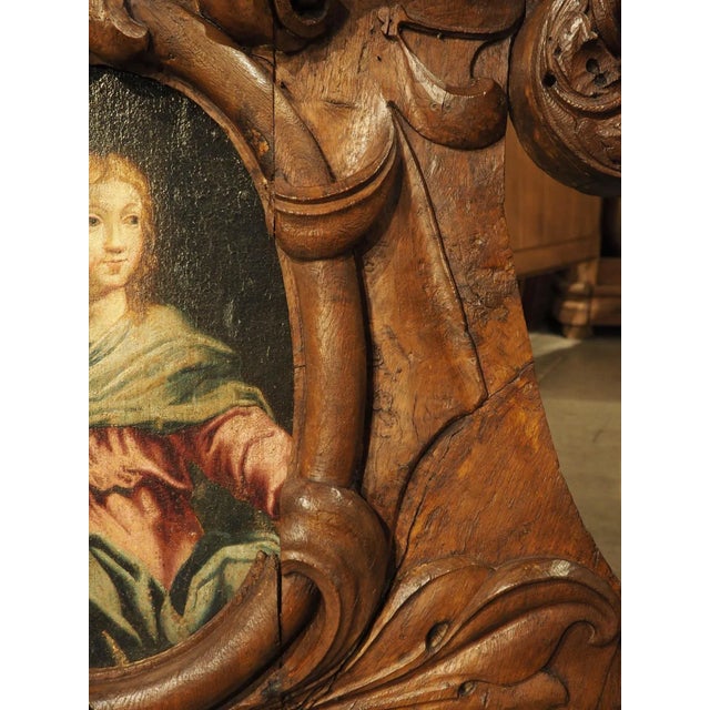 Wood 17th Century French Carved Oak Cartouche Panel With Portrait Painting For Sale - Image 7 of 12
