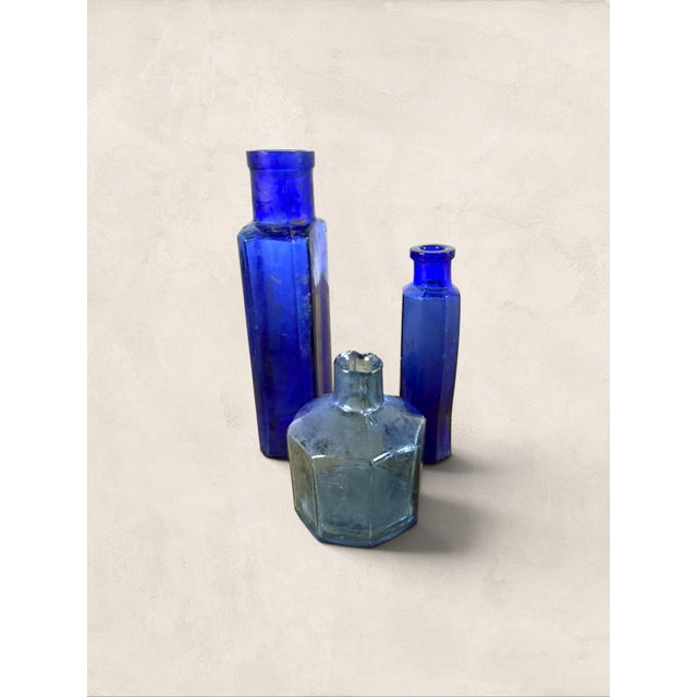 Antique Set of Three English Cobalt Blue Glass Apothecary Bottles For Sale - Image 4 of 7