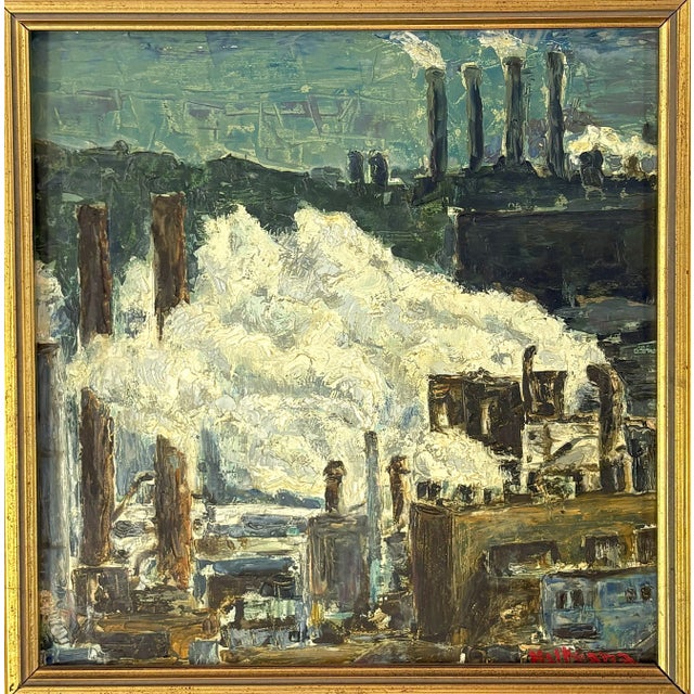 Contemporary Original Signed Industrial Cityscape Painting on Board C1976 For Sale - Image 3 of 12