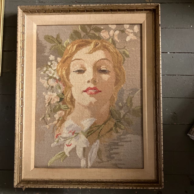 1950’s Original Hand Done Needlepoint Picture Female Portrait With Flowers Original Frame Ny Label For Sale In Philadelphia - Image 6 of 6