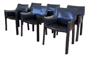 1970s Set of Six 70s Cab 413 Armchairs Mario Bellini Cassina Dark Grey / Black Leather